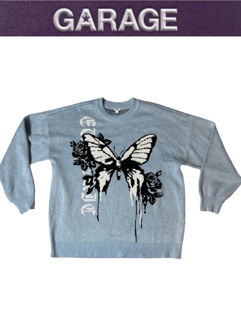 GARAGE CYNTHIA Y2K BUTTERFLY OVERSIZED SWEATER BLUE GRAPHIC CREWNECK NWOT LARGE